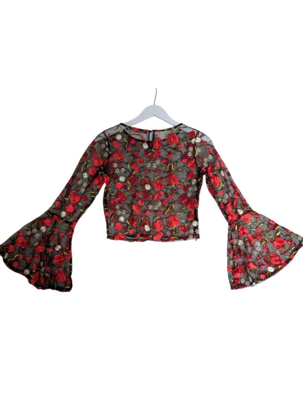Embroidered Sheer Black Mesh Crop Top With Red Rose Design & Bell Sleeves By Hau - Picture 4 of 13